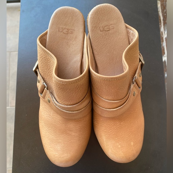UGG Australia Natalee Tan Leather Wedge Wood Heel Clogs Mules Size 8 - Picture 4 of 12